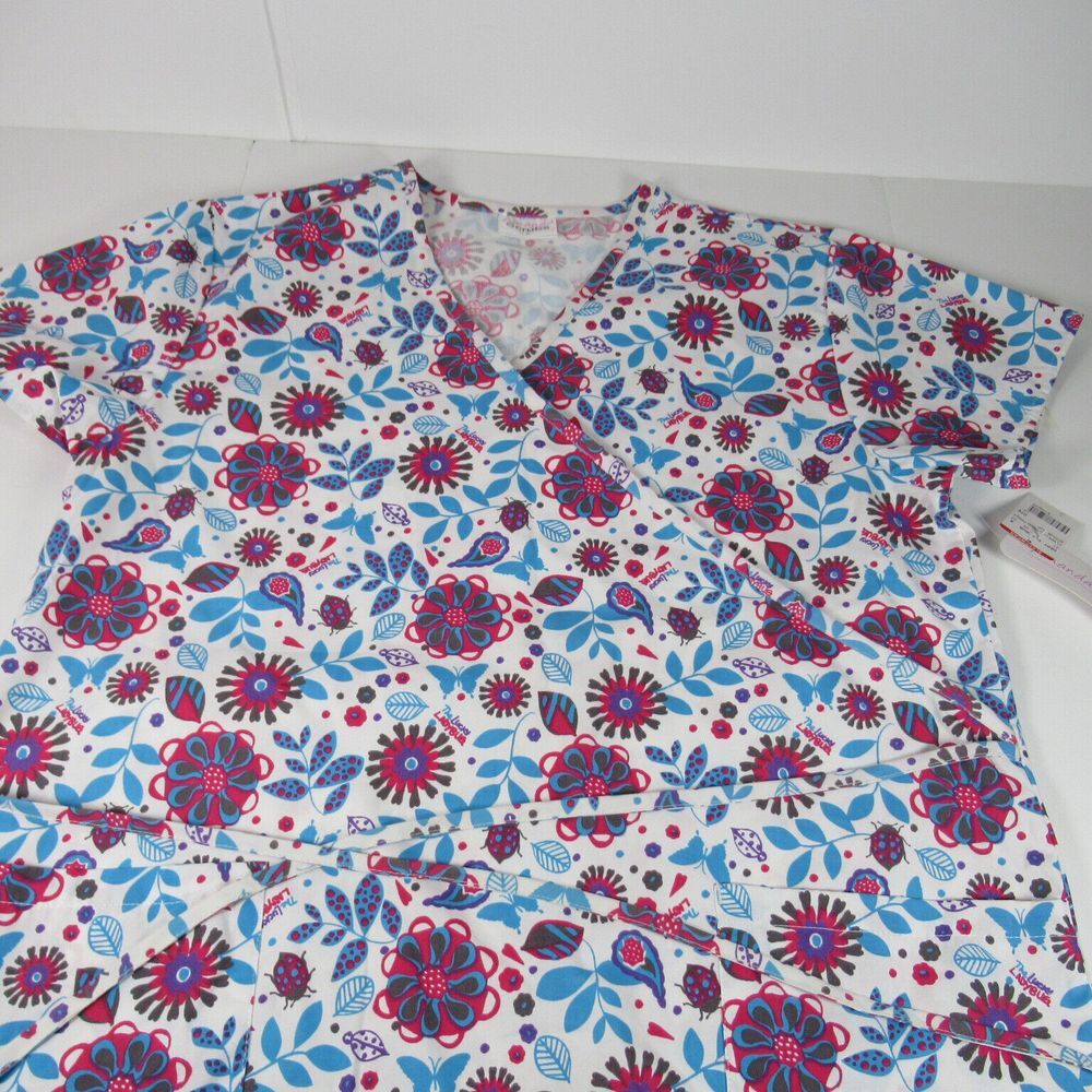 Amanda Scrubs  Multicolored Floral Cinch Back Faux Wrap‎ Scrub Top Size XL NWT